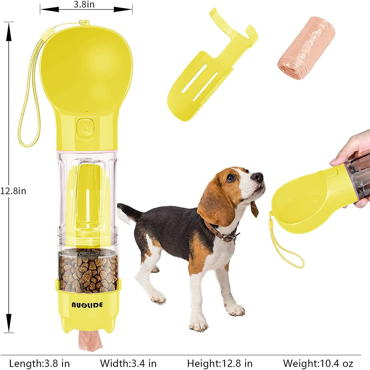 SELPONT G Water Bottles for Walking, 4 in 1 Portable Pet Water Bottle Dispenser Leakproof Dog Travel Water Bottle with Food Container & Waste Bag, Dog Accessories for Outdoor Hiking (Yellow)