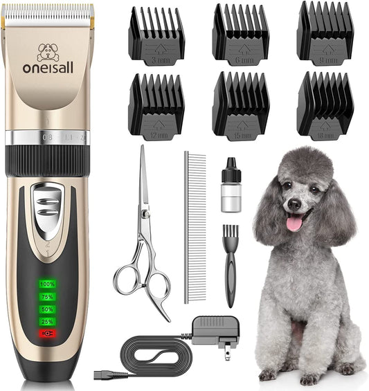 Professional title: "Rechargeable Low Noise Dog Grooming Kit with 2-Speed Quiet Clippers for Small and Large Dogs, Cats, and Other Animals - Cordless Pet Hair Trimmer Shaver in Gold"